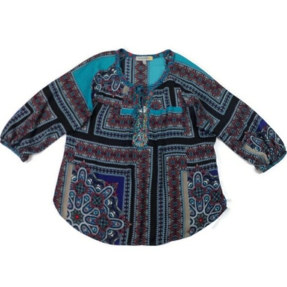Figueroa & Flower Boho Patchwork Print 3/4 Sleeve Popover Blouse Womens Large - Picture 7 of 15